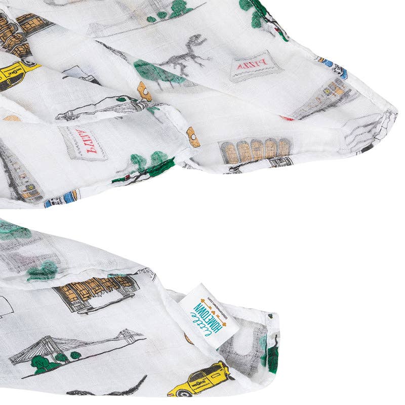 Mellow Monkey New York City themed muslin swaddle blanket featuring iconic NYC landmarks in a soft bamboo cotton blend