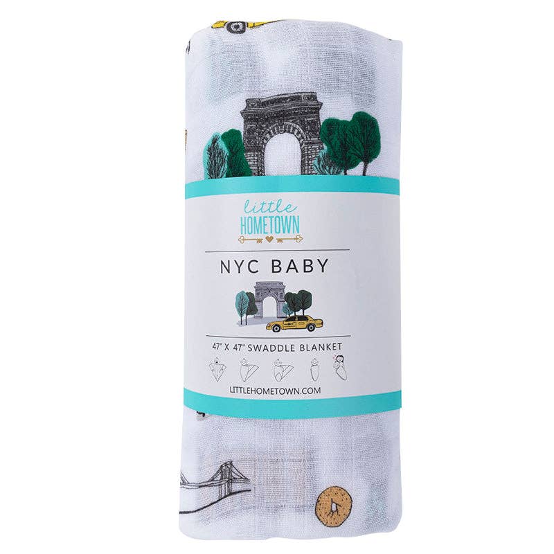 Mellow Monkey NYC themed muslin swaddle blanket featuring iconic New York City landmarks in a soft bamboo cotton blend
