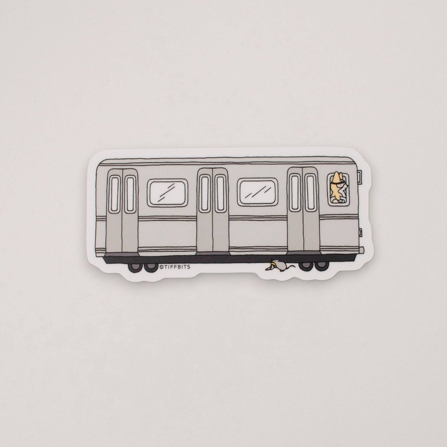 Mellow Monkey NYC Subway Pizza Rat sticker featuring a grey train car with a rat eating a slice of pizza