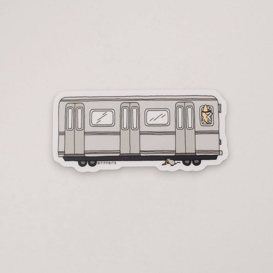 Mellow Monkey NYC Subway Pizza Rat sticker featuring a grey train car with a rat eating a slice of pizza