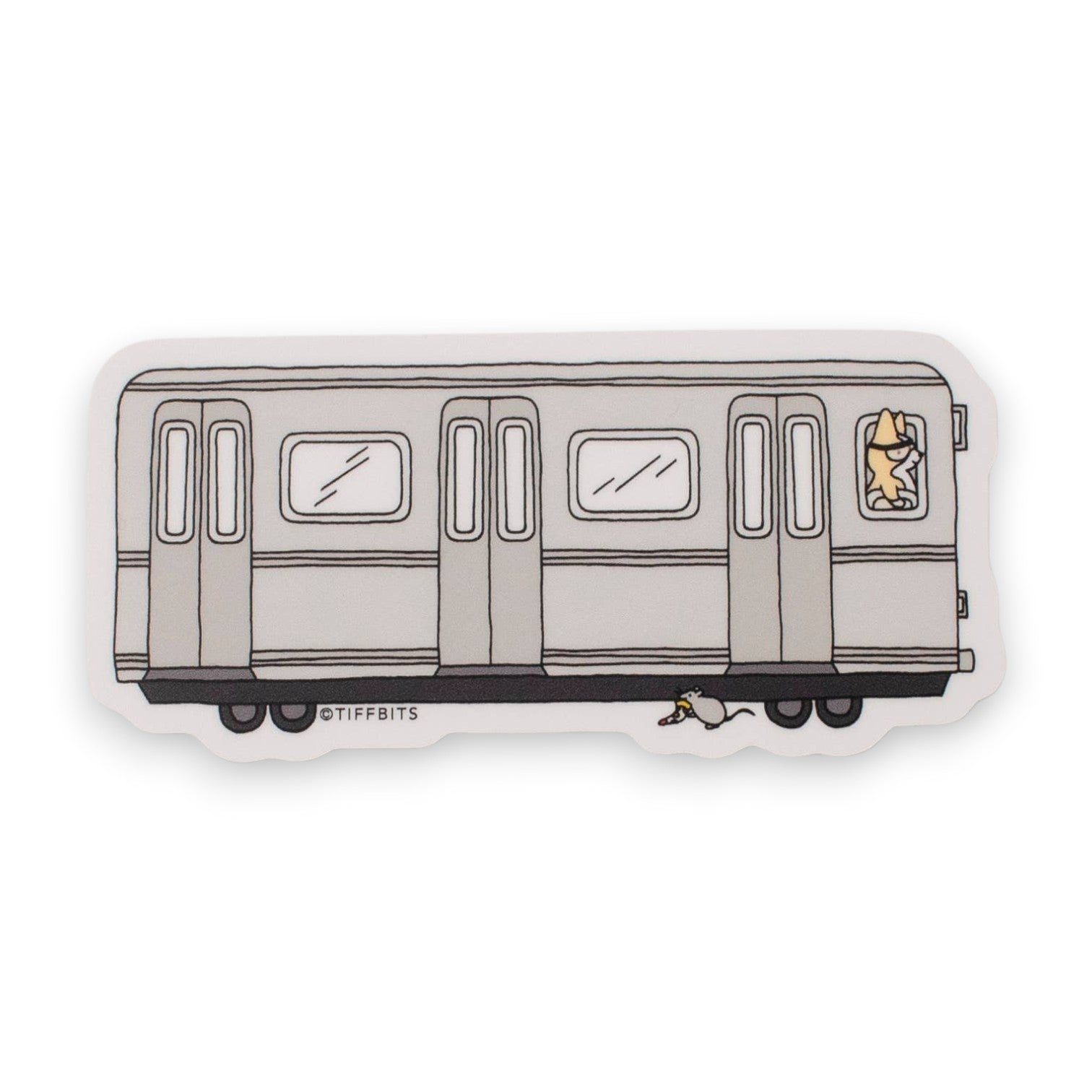 Mellow Monkey NYC subway pizza rat sticker featuring a grey train car with a rat holding a slice of pizza