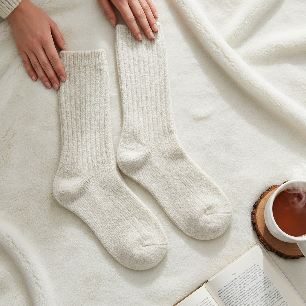 Mellow Monkey oatmeal ragg crew socks with a textured knit design, displayed on a soft white blanket with a book.