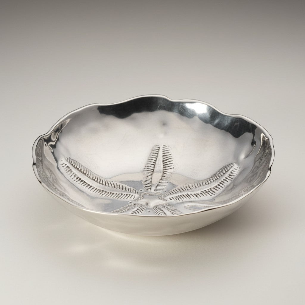 Mellow Monkey OCEAN Sand Dollar Large Bowl in silver aluminum alloy, 12.5-in, with embossed sand dollar detail.