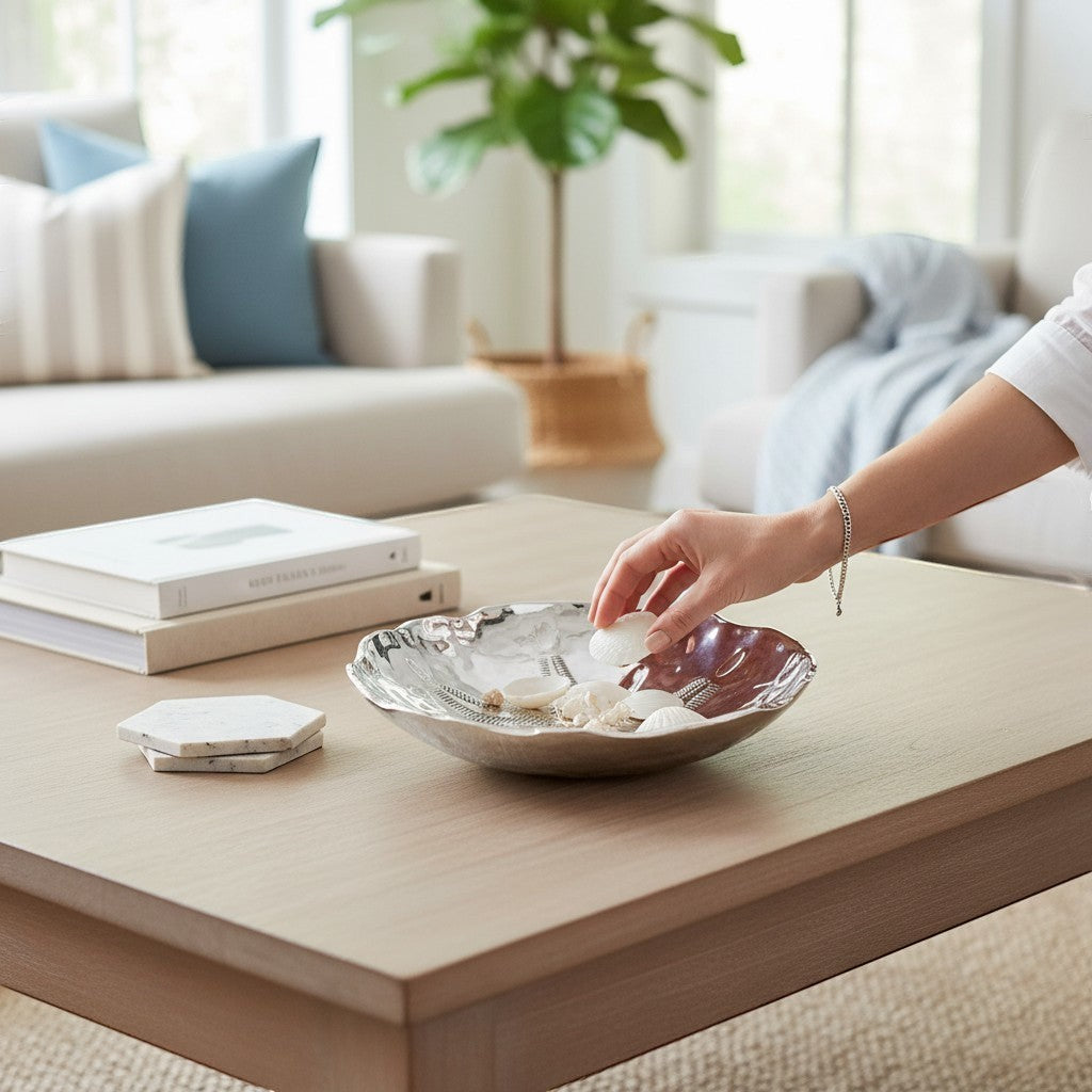 Beatriz Ball OCEAN Sand Dollar Large Bowl in silver, inspired by nature, perfect for serving or decor. Made of aluminum alloy.