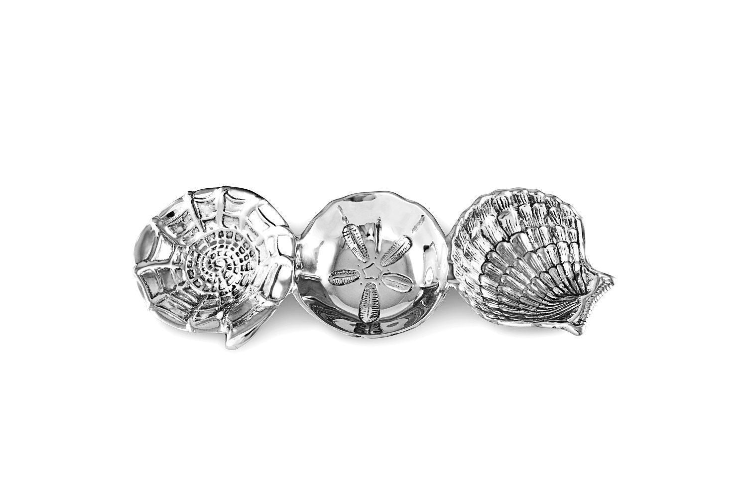 Mellow Monkey OCEAN Shell Triple Dip Tray in silver aluminum, shaped like nautilus, sand dollar, and scallop shells.