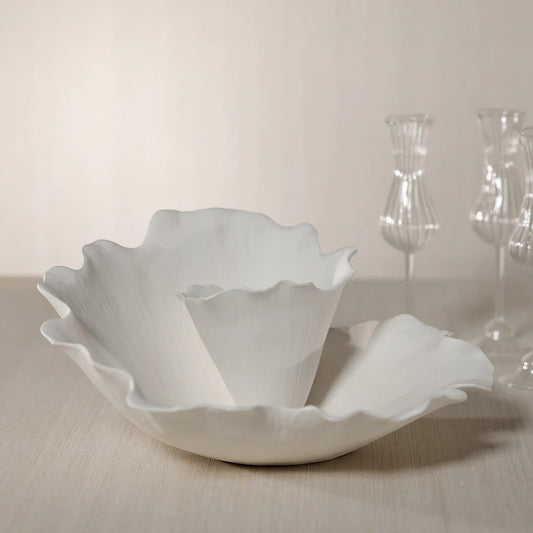 Mellow Monkey Oceana white ceramic centerpiece with ruffled petal design, 14.75 inches.