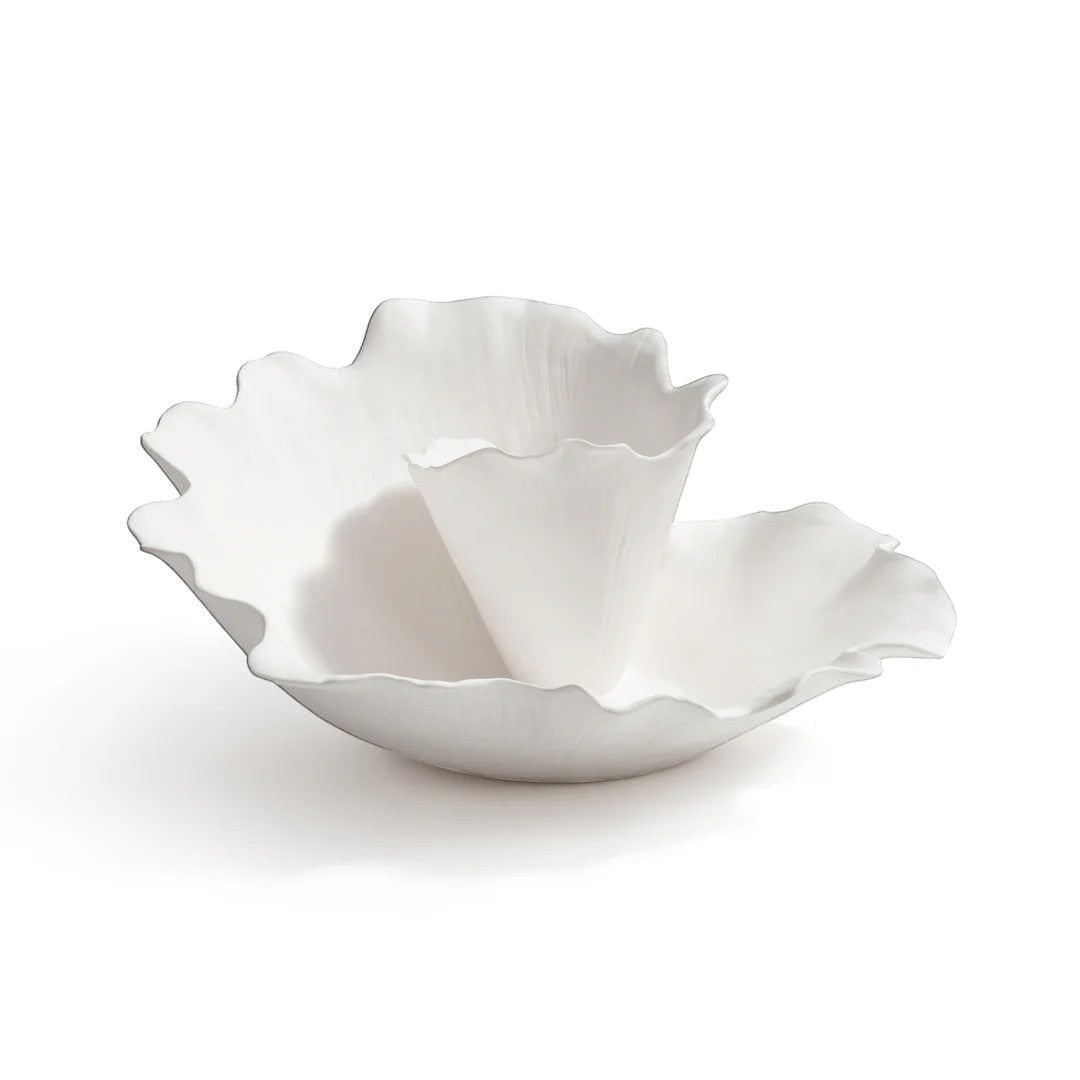 Mellow Monkey Oceana white ceramic centerpiece with flowing petal design, 14.75 inches.