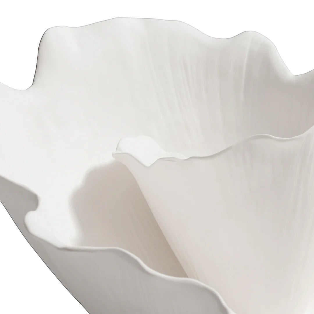 Mellow Monkey Oceana white ceramic centerpiece with flowing petal-like design, 14.75 inches.