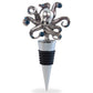 Mellow Monkey silver metal octopus wine stopper with blue crystal accents and a black rubber vacuum seal.