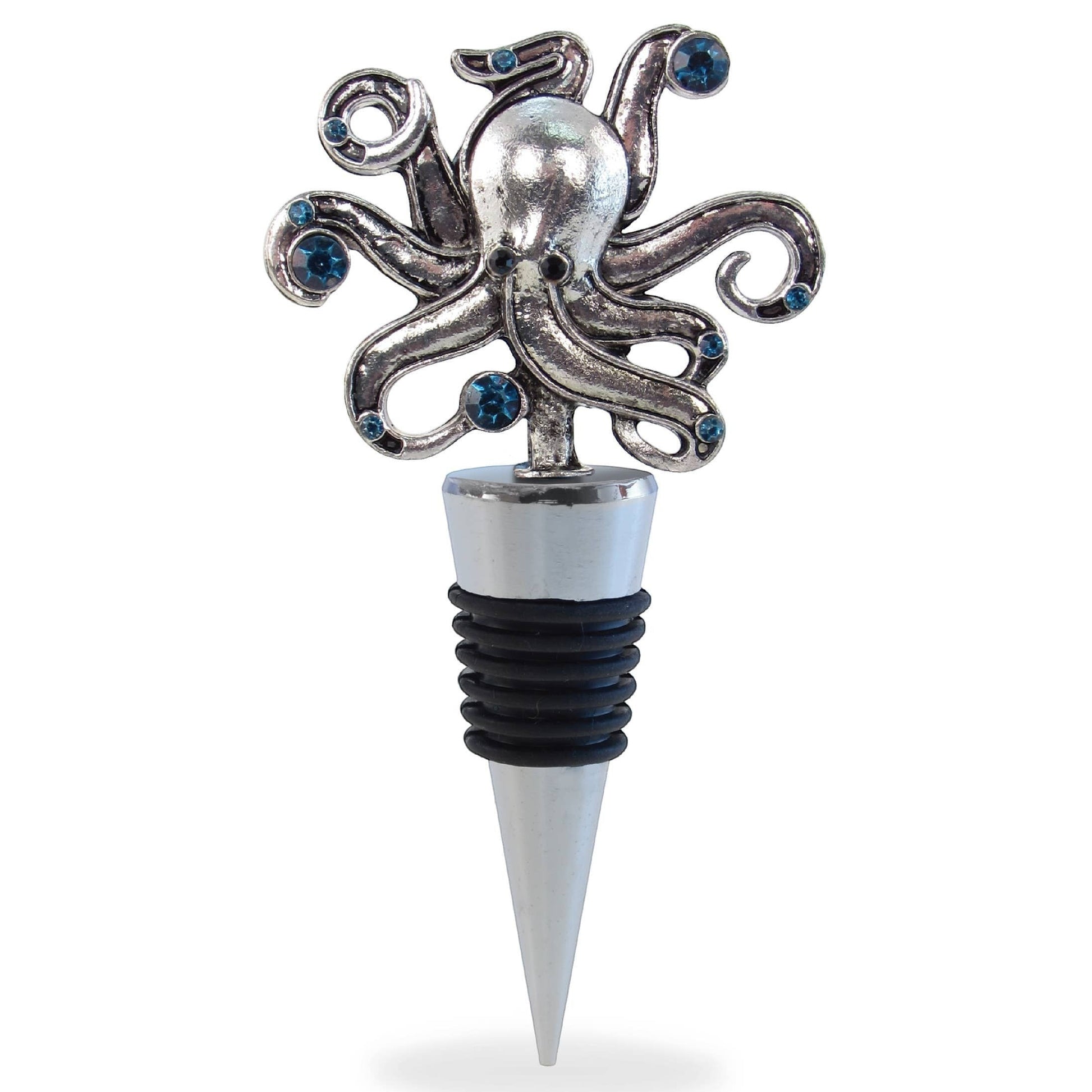 Mellow Monkey silver metal octopus wine stopper with blue crystal accents and a black rubber vacuum seal.