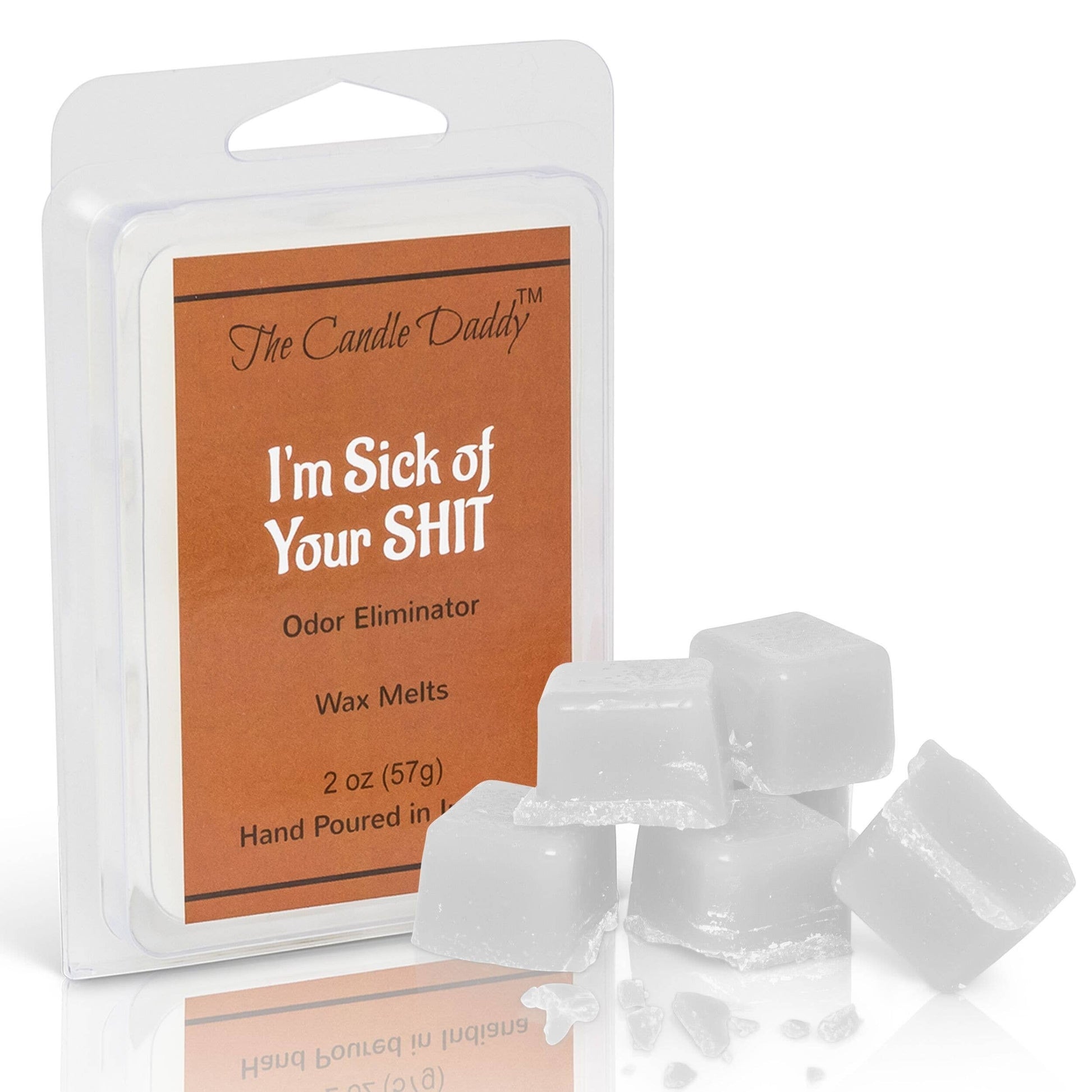 Mellow Monkey I'm Sick of Your Shit odor eliminating wax melts, 2 oz package. White wax cubes.