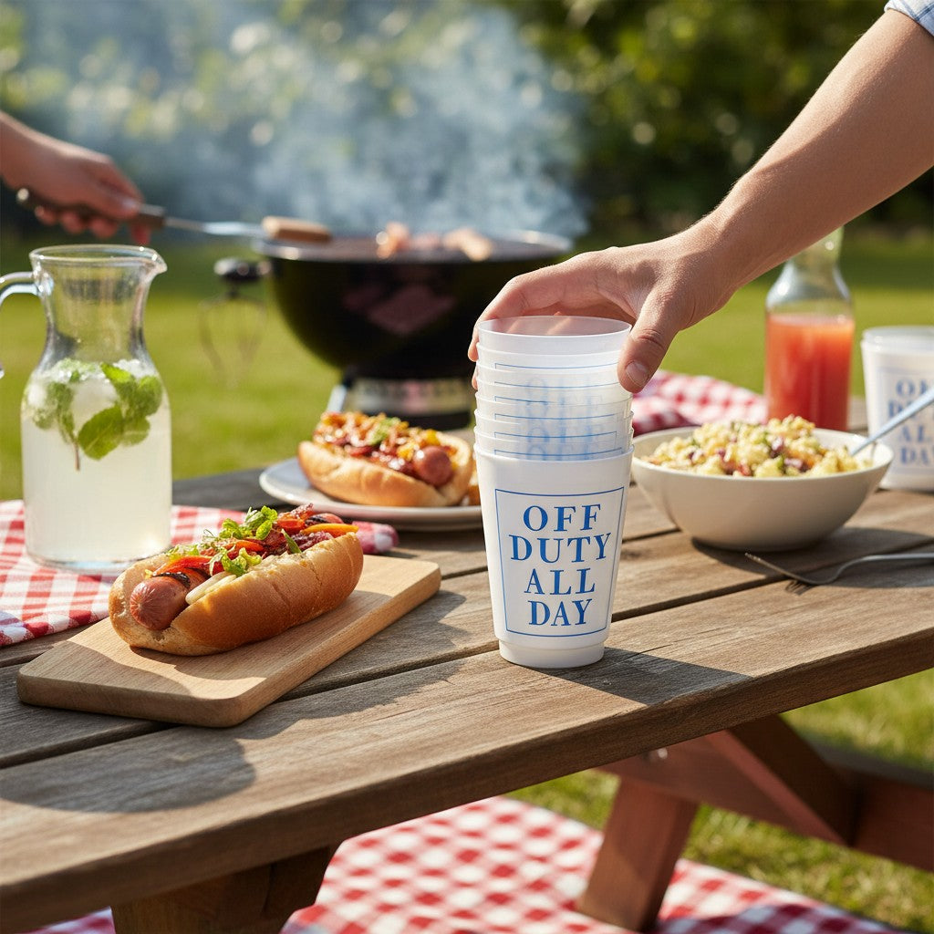 Mellow Monkey Off Duty All Day frost flex party cups, pack of 8. BPA-free plastic, white with blue text.