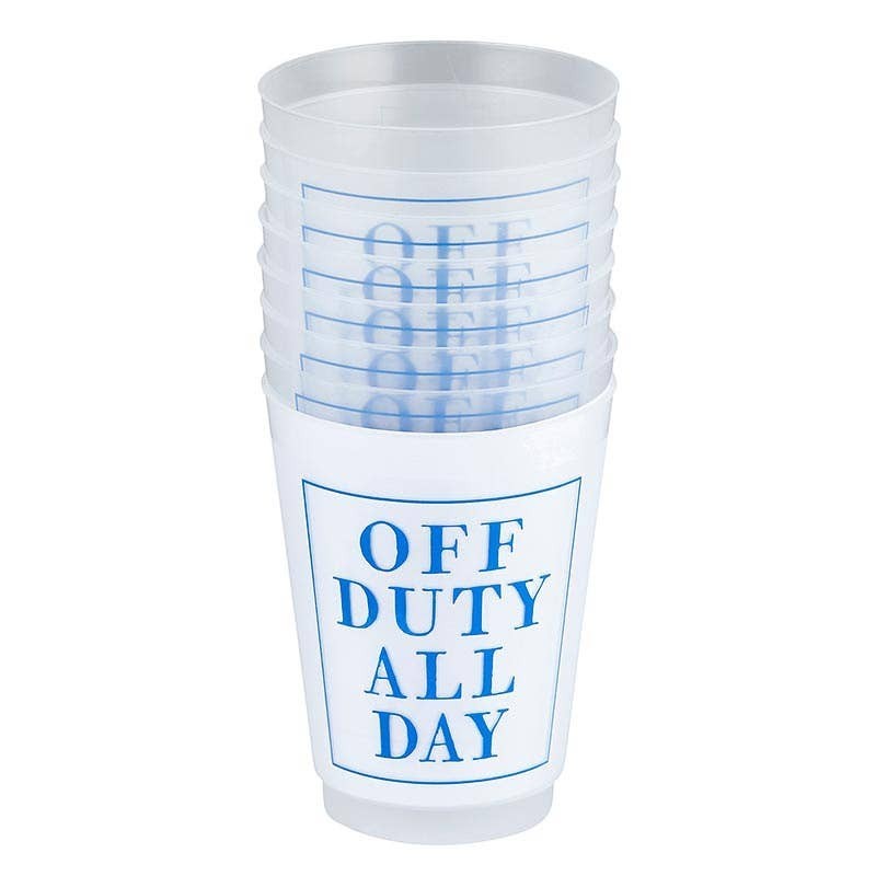 Mellow Monkey Off Duty All Day frost flex party cups, pack of 8. BPA-free plastic, white with blue text.