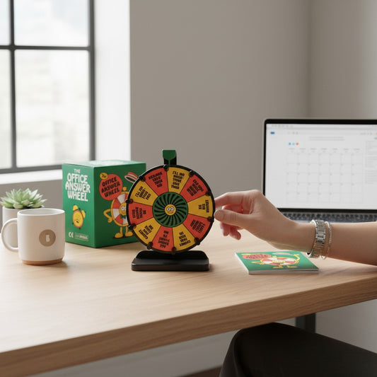 Mellow Monkey The Office Answer Wheel desktop figurine with spinning prize wheel on a wooden office desk