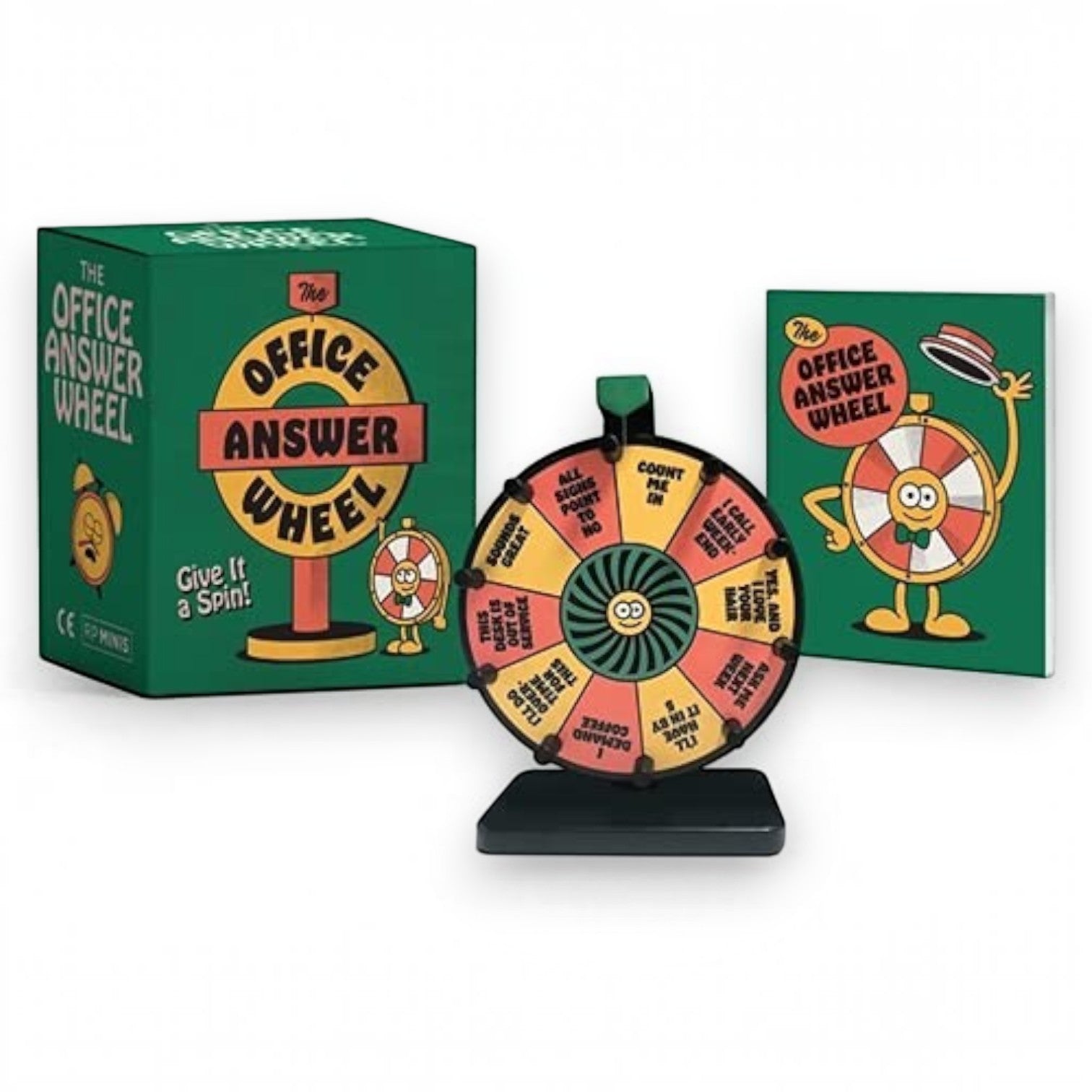 Mellow Monkey The Office Answer Wheel desktop figurine with spinning prize wheel, green box, and illustrated booklet.