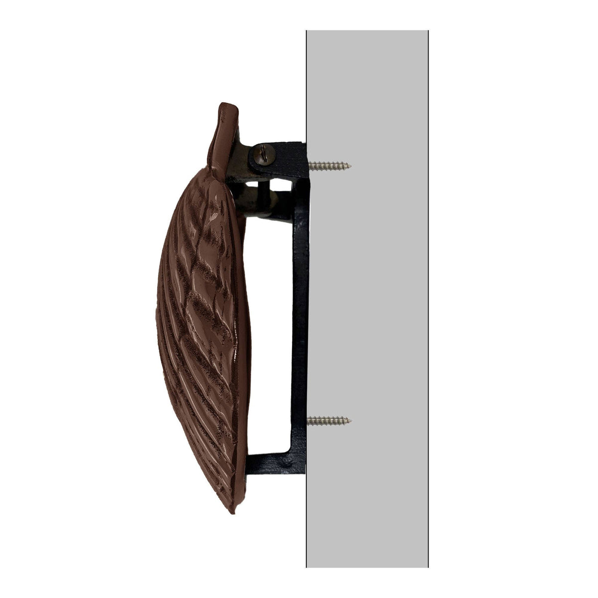 Mellow Monkey oiled bronze scallop shell door knocker mounted on a door, side profile view.