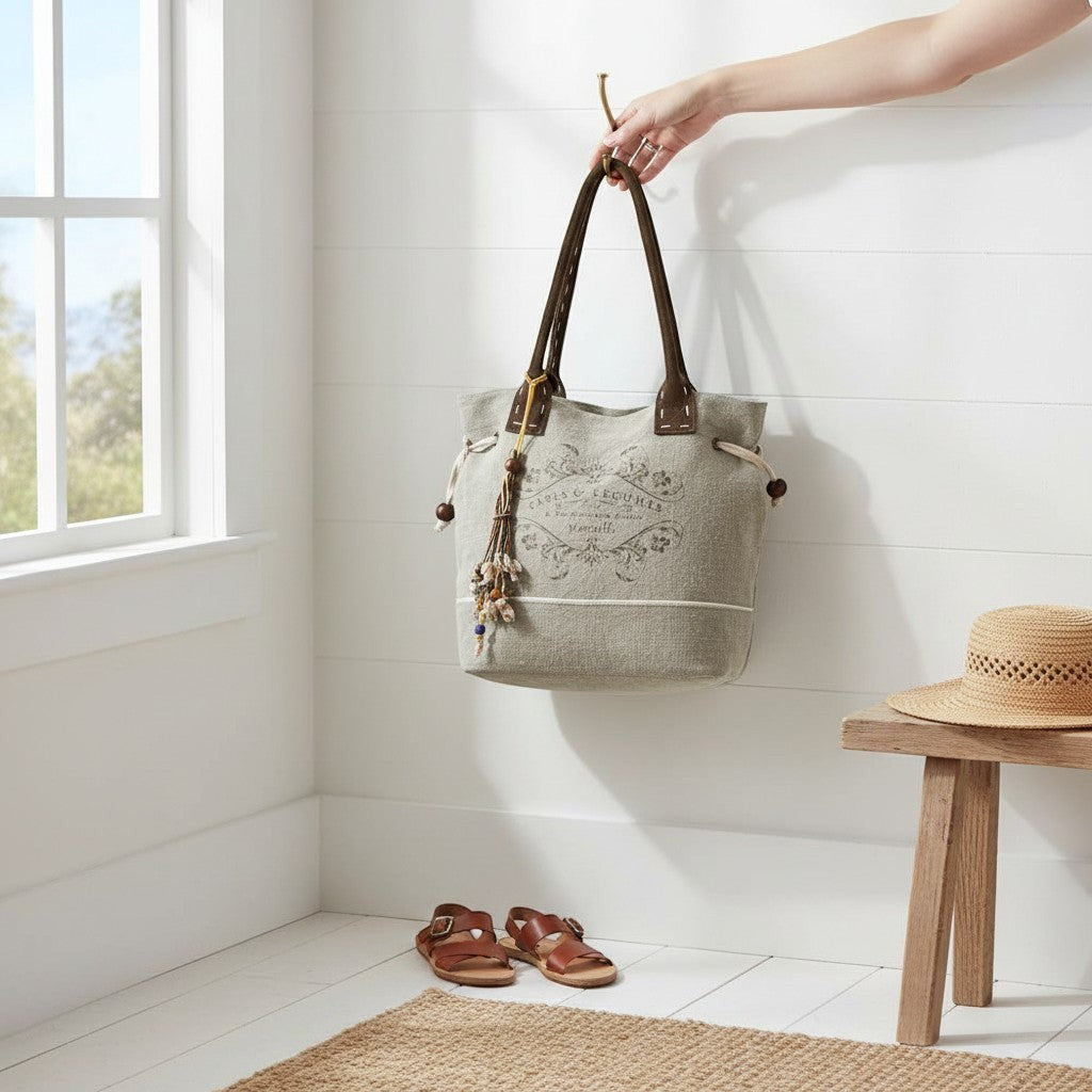 Mellow Monkey Old Soul tote bag in willow ash up-cycled canvas with leather handles and beaded tassel charm
