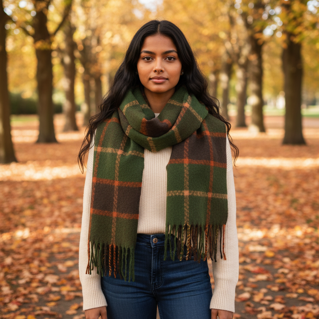 Mellow Monkey Kylie olive windowpane plaid fringe scarf worn by a woman in a park with autumn leaves