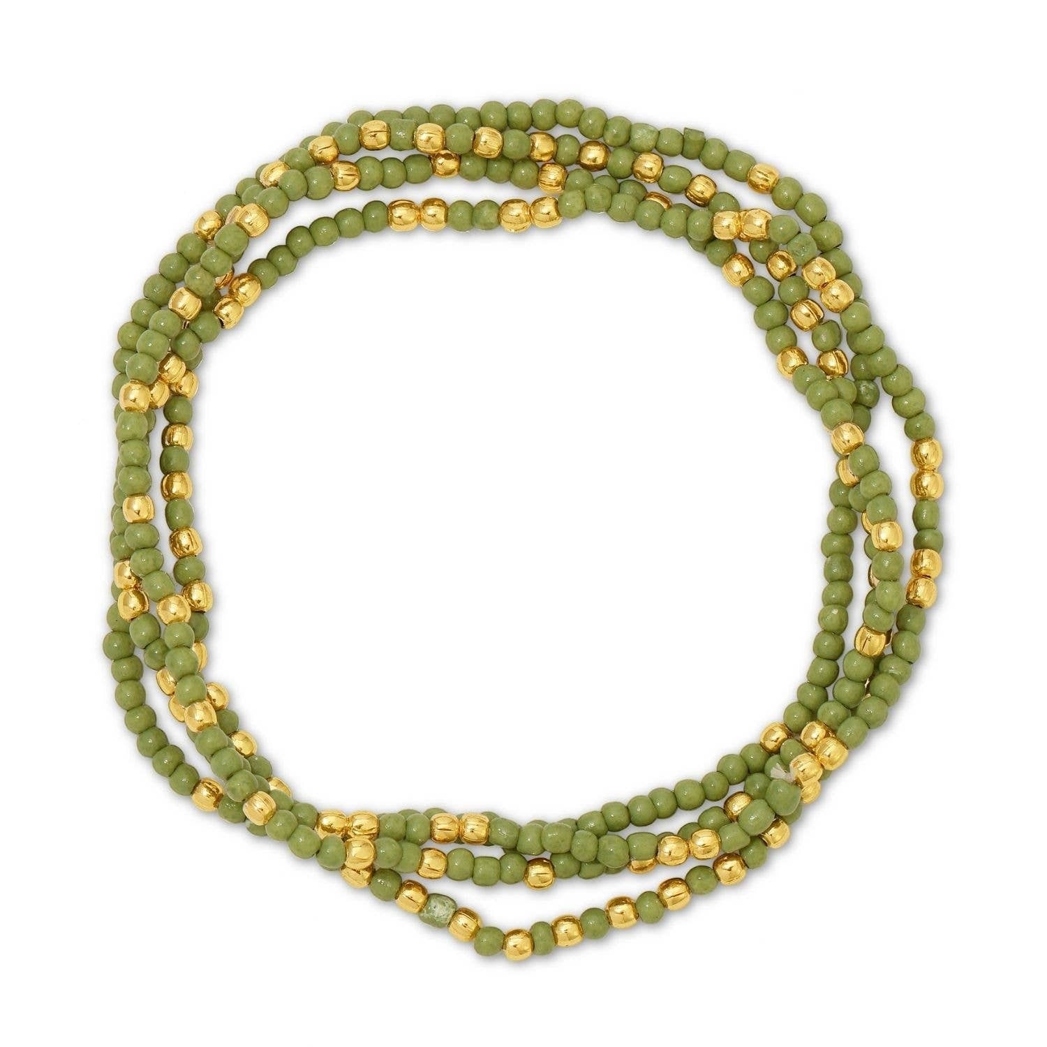 Mellow Monkey olive green seed bead stretch bracelet with 18K gold plated brass accents for a layered look.