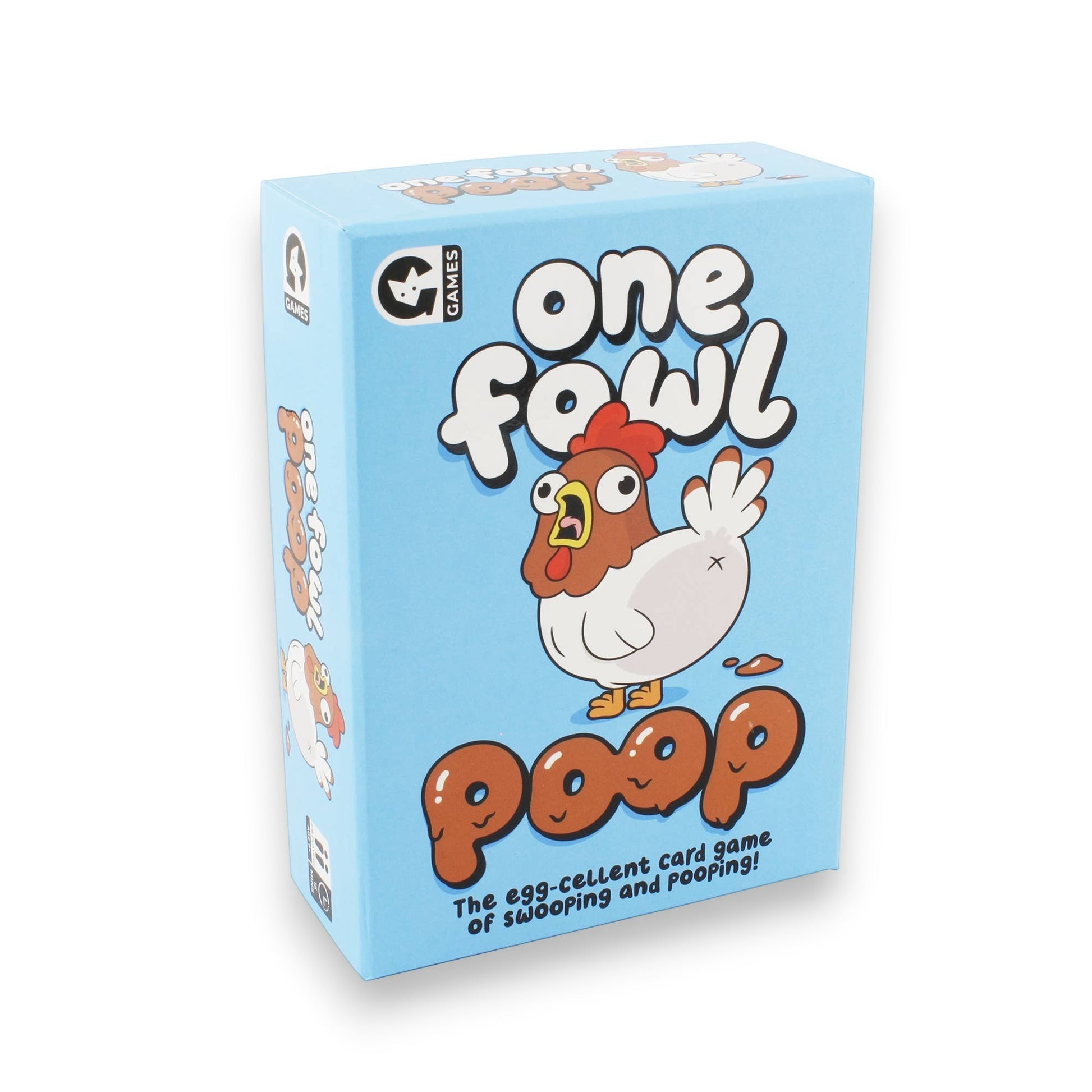 Mellow Monkey One Fowl Poop card game box featuring a cartoon chicken on a light blue background