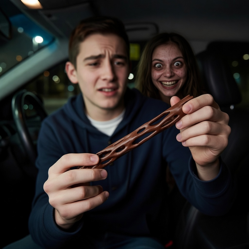 Mellow Monkey One Wish Willow novelty figure held by a man in a car with a spooky woman smiling in the background