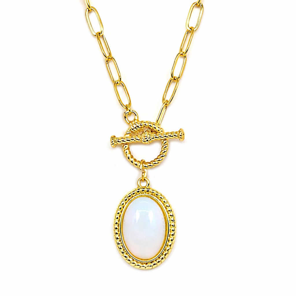 Mellow Monkey 18k gold plated necklace with oval opalite stone and toggle clasp, 16-inch chain.