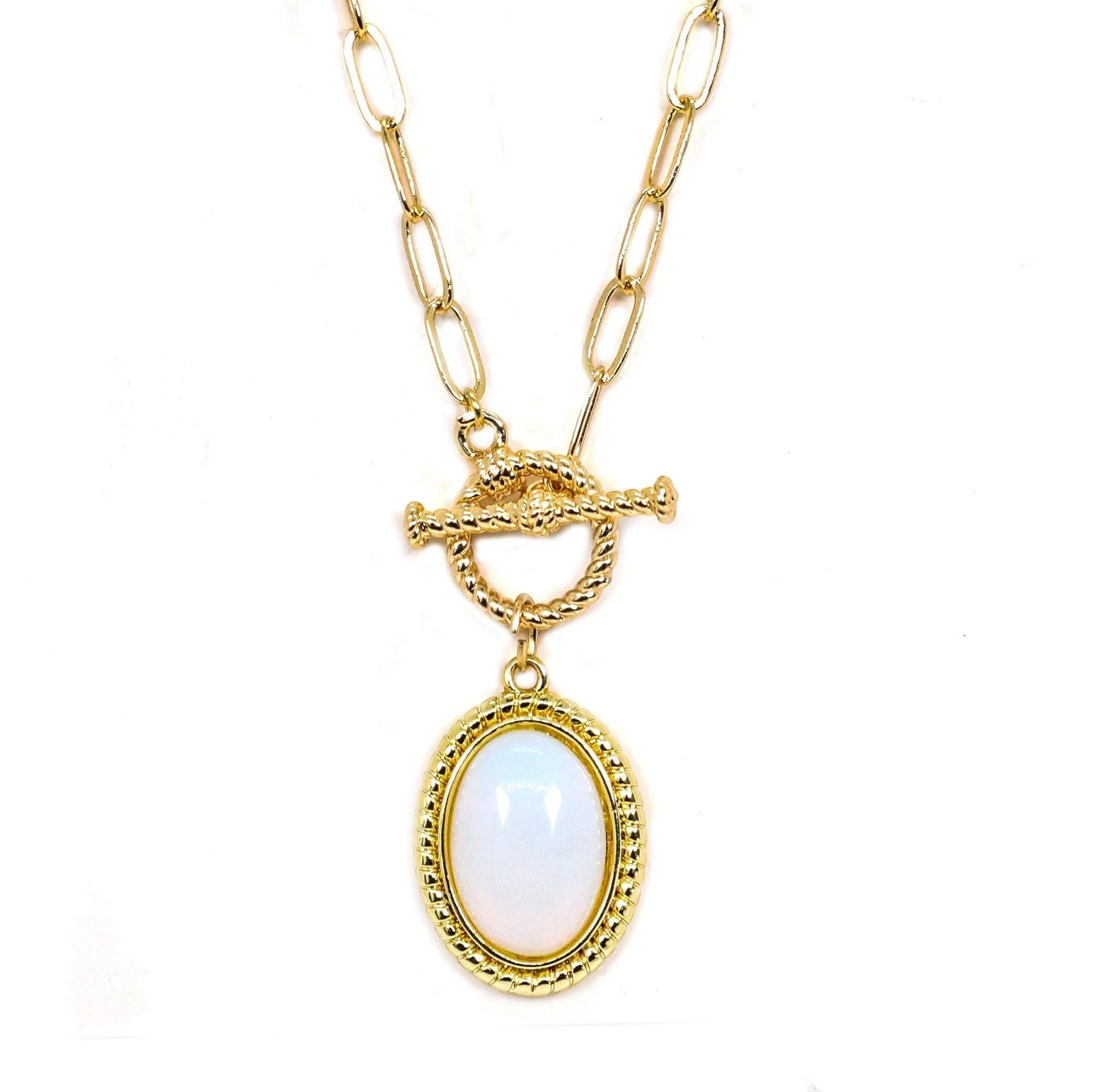 Mellow Monkey 18k gold plated necklace with oval opalite stone and toggle clasp, 16-inch chain.
