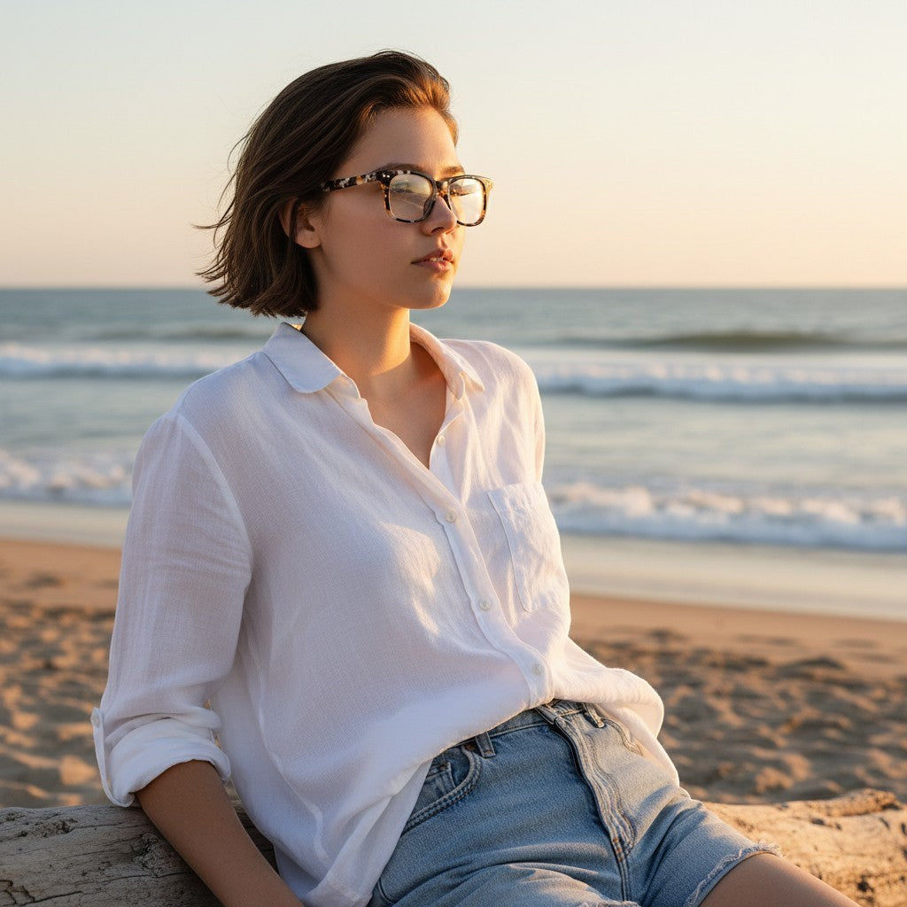 Mellow Monkey Corporate Vision optical reader eyeglasses with tortoise shell frames and anti-reflective lenses on a young woman.