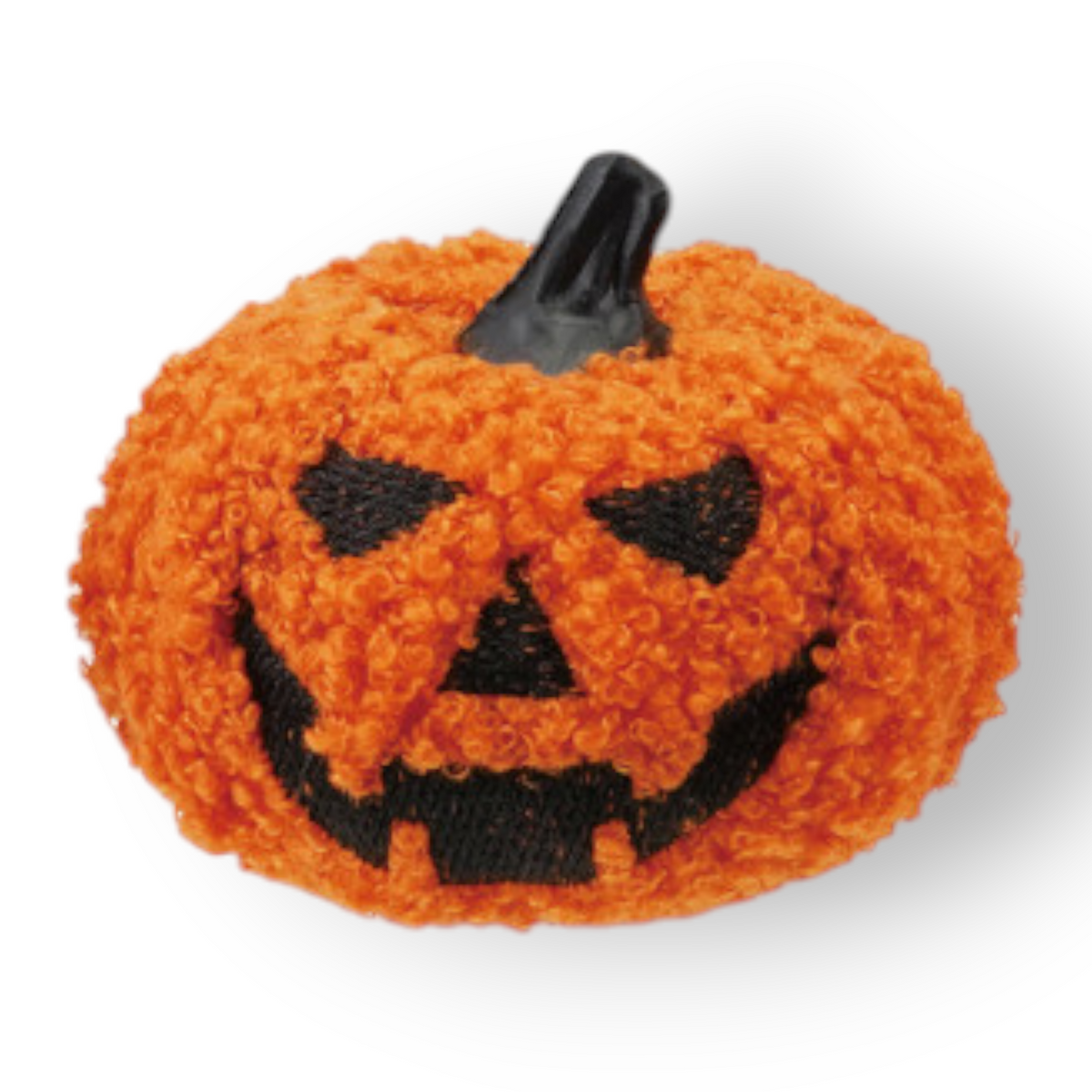 Mellow Monkey orange boucle fabric jack-o-lantern figurine with black stitched face and stem for autumn decor