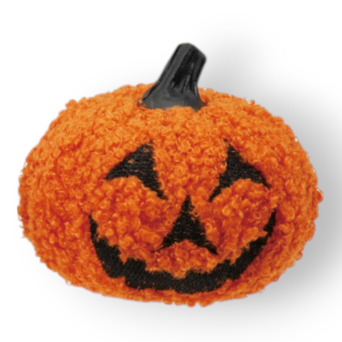 Mellow Monkey orange boucle fabric jack-o-lantern figurine with a black stitched face and stem for autumn decor.