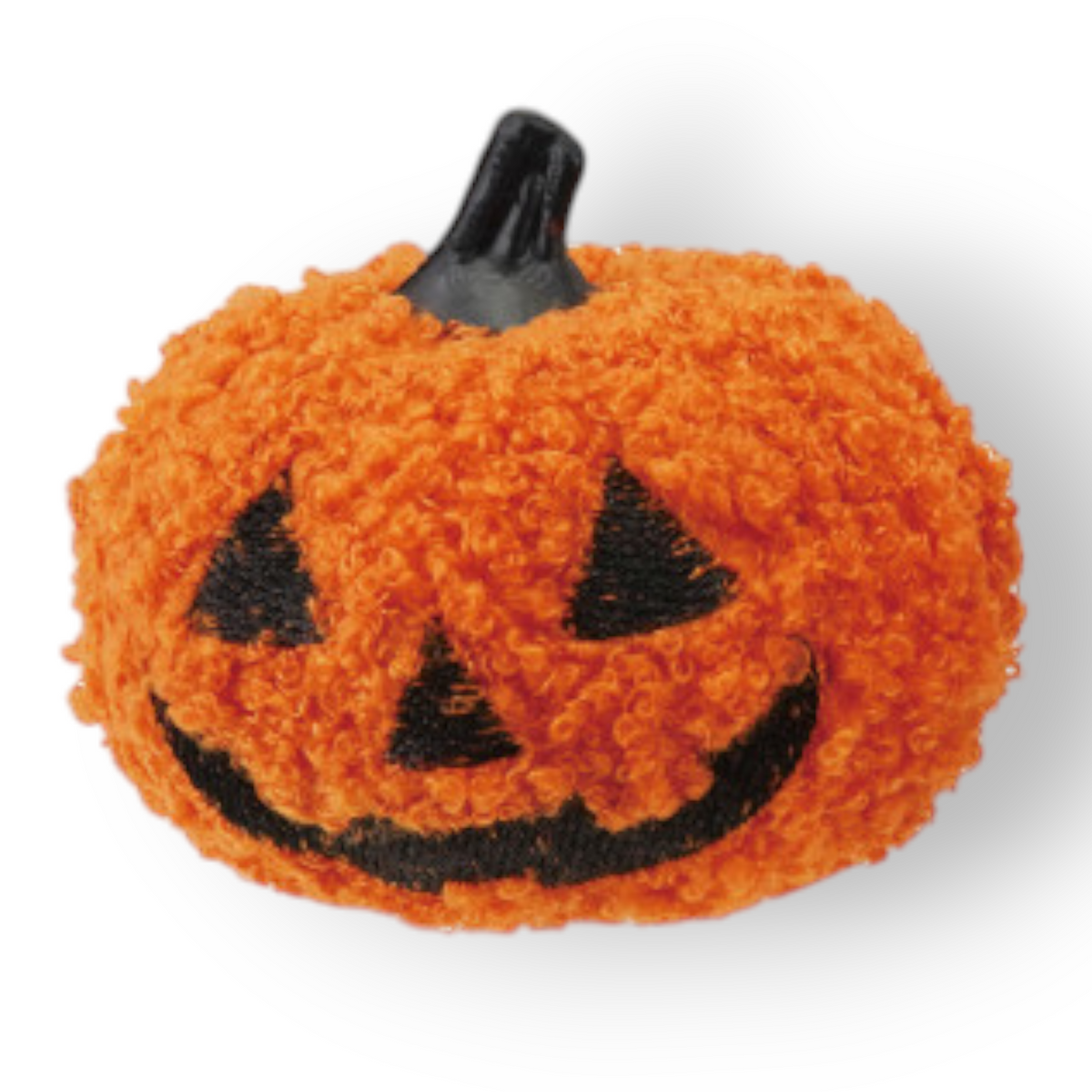 Mellow Monkey orange boucle fabric jack-o-lantern figurine with black embroidered face and stem for autumn decor