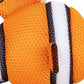 Mellow Monkey Orange Clown Fish bath toy with white and black stripes, made of mesh material with a hanging loop.