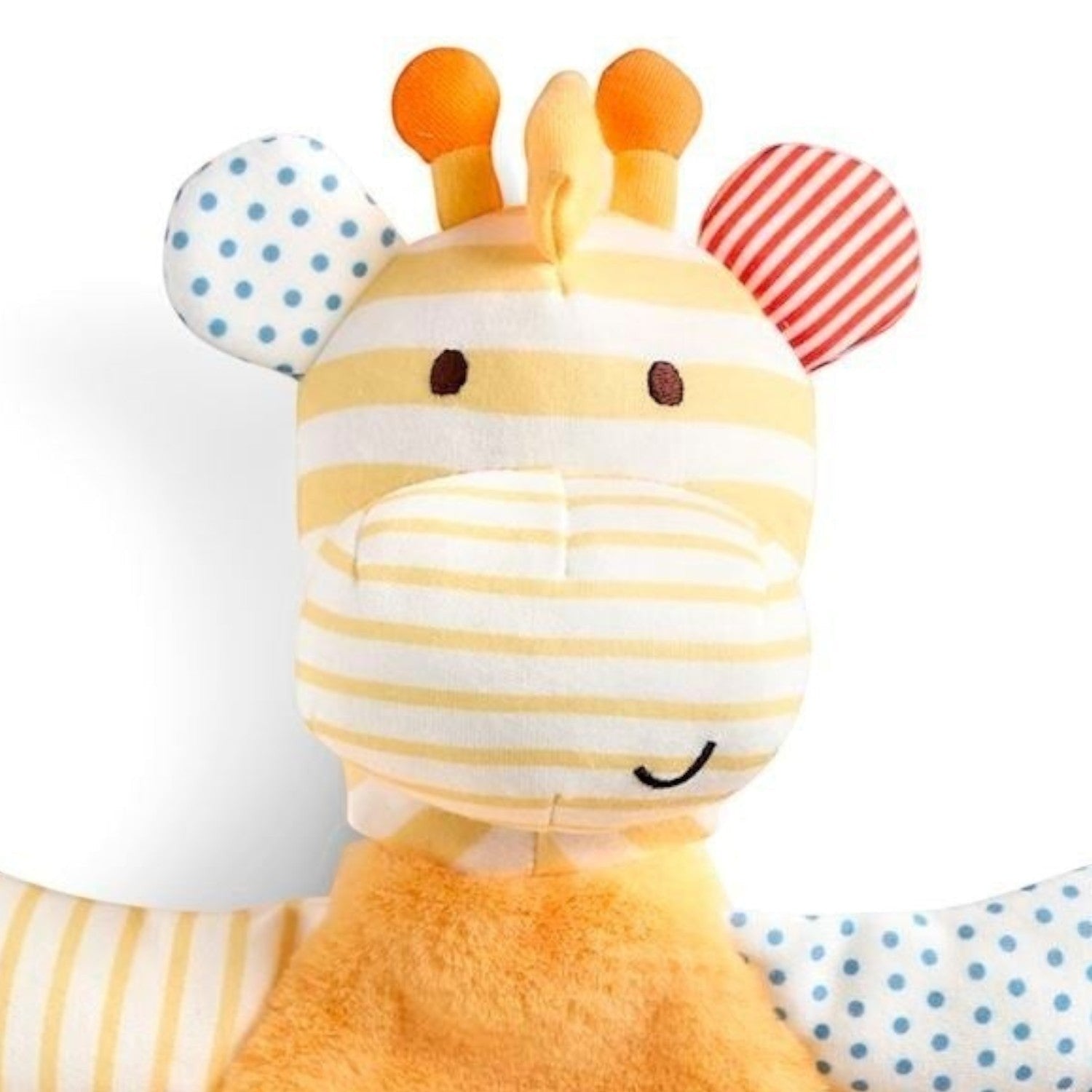 Mellow Monkey orange plush giraffe rattle blankie with heart detail and striped accents. Soft, 15-inch security blanket for babies.