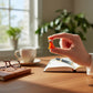 Mellow Monkey handblown orange glass mini cat figurine held between fingers on a desk with a notebook and coffee.