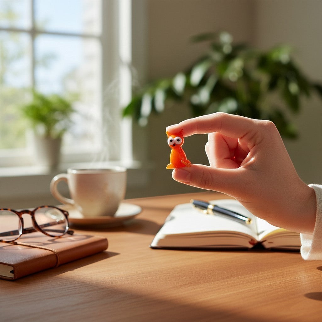 Mellow Monkey handblown orange glass mini cat figurine held between fingers on a desk with a notebook and coffee.