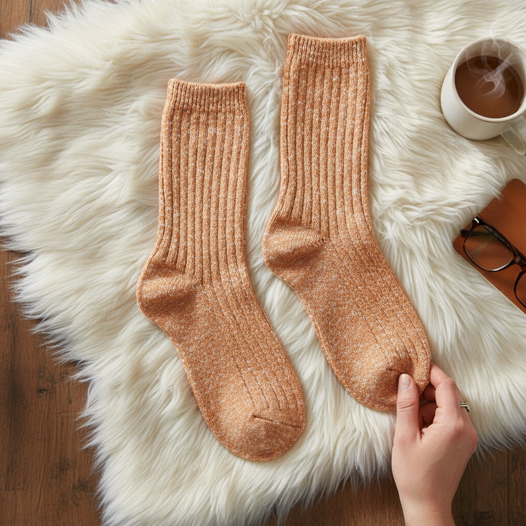 Mellow Monkey orange slub marbled crew socks with a ribbed texture resting on a soft white faux fur rug.