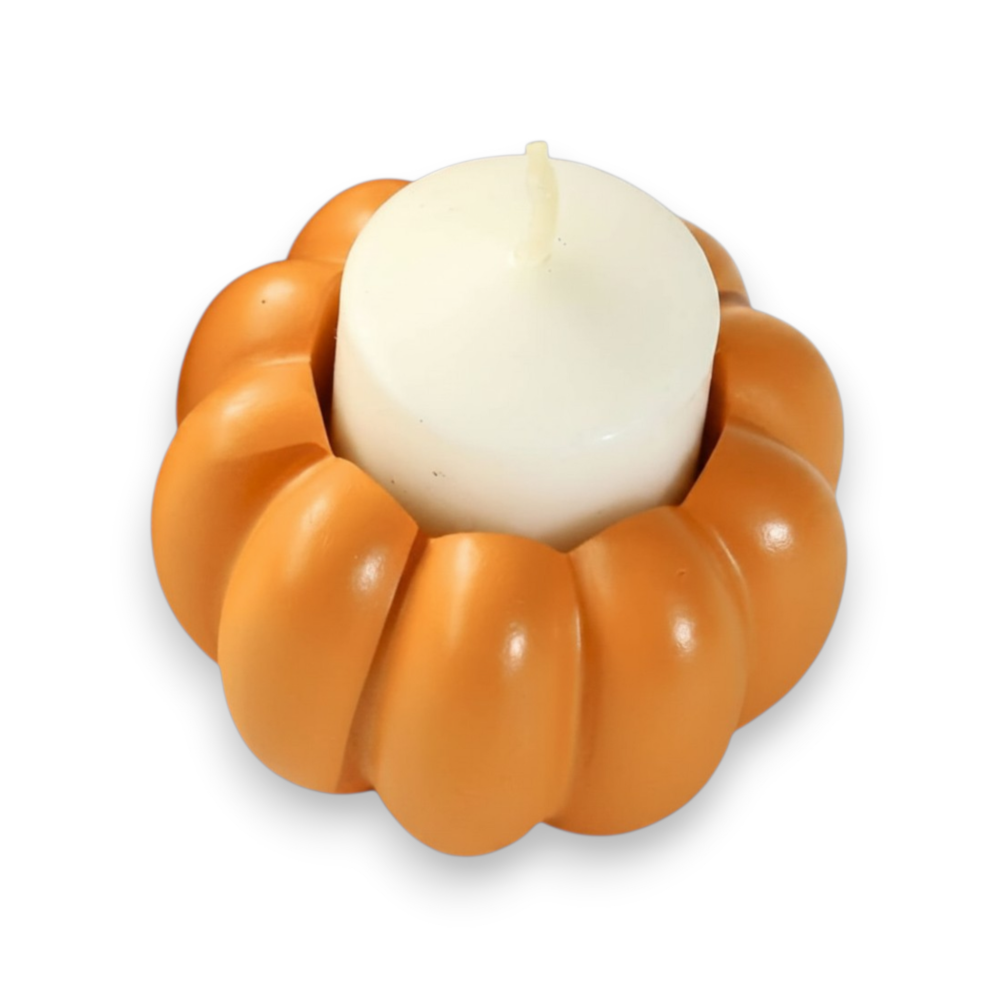 Mellow Monkey orange resin pumpkin 2-in-1 tealight and taper candle holder with a white candle