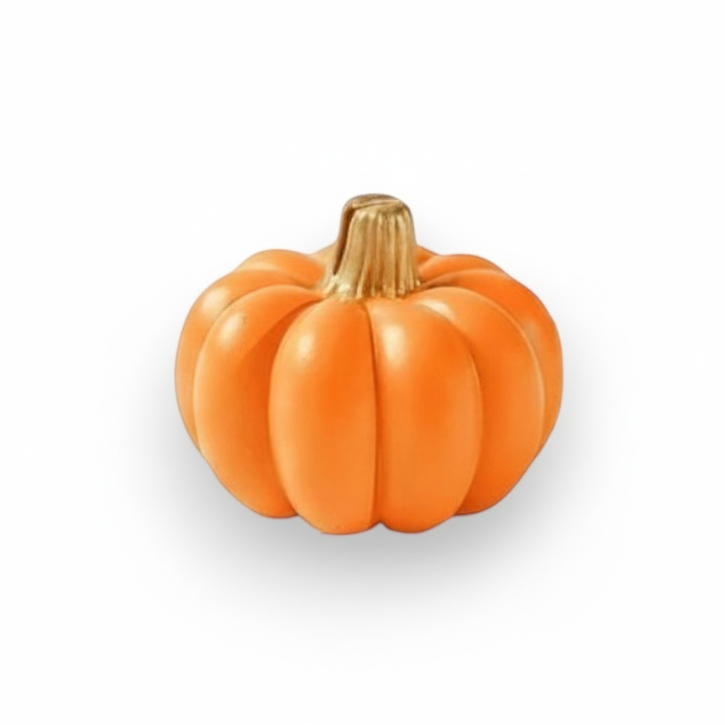 Mellow Monkey orange pumpkin place card holder with a metallic gold stem for Thanksgiving and autumn table settings.