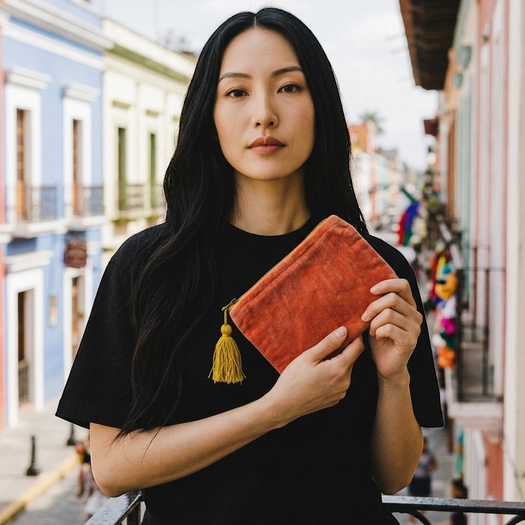 Mellow Monkey orange quilted cotton velvet zip pouch with yellow tassel detail, held by a woman.