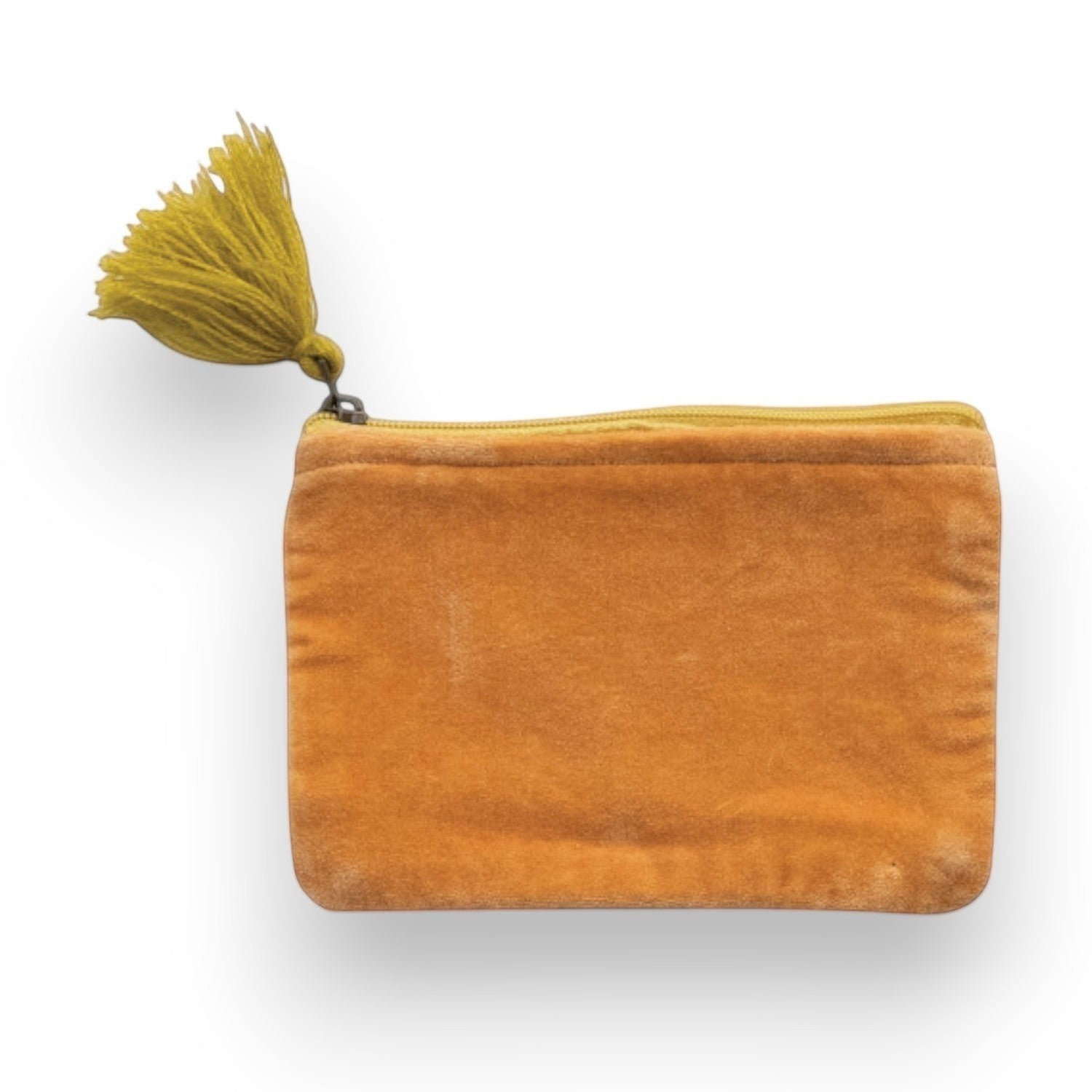 Mellow Monkey orange quilted cotton velvet zip pouch with yellow tassel, 4"L x 6"H, perfect for cosmetics or travel.