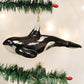 Mellow Monkey Orca Whale blown glass holiday ornament, black and white with glitter accents, 6-1/4 inches.