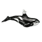 Mellow Monkey Orca Whale blown glass holiday ornament, black and white with glitter accents, 6-1/4 inches.