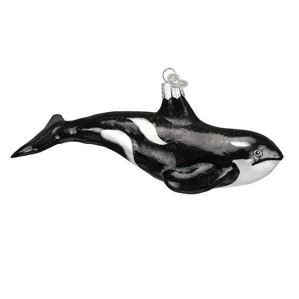 Mellow Monkey Orca Whale blown glass holiday ornament, black and white with glitter accents, 6-1/4 inches.