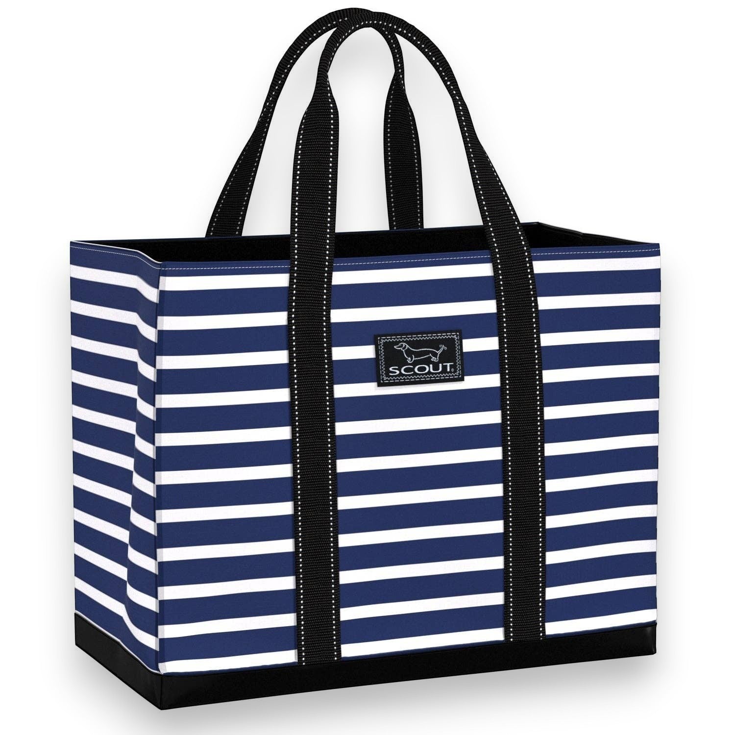 Mellow Monkey Original Deano large tote bag in Nantucket Navy blue and white stripes with black heavy-duty straps.