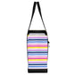 Mellow Monkey Original Deano small tote bag with a colorful horizontal stripe pattern and black sturdy handles.