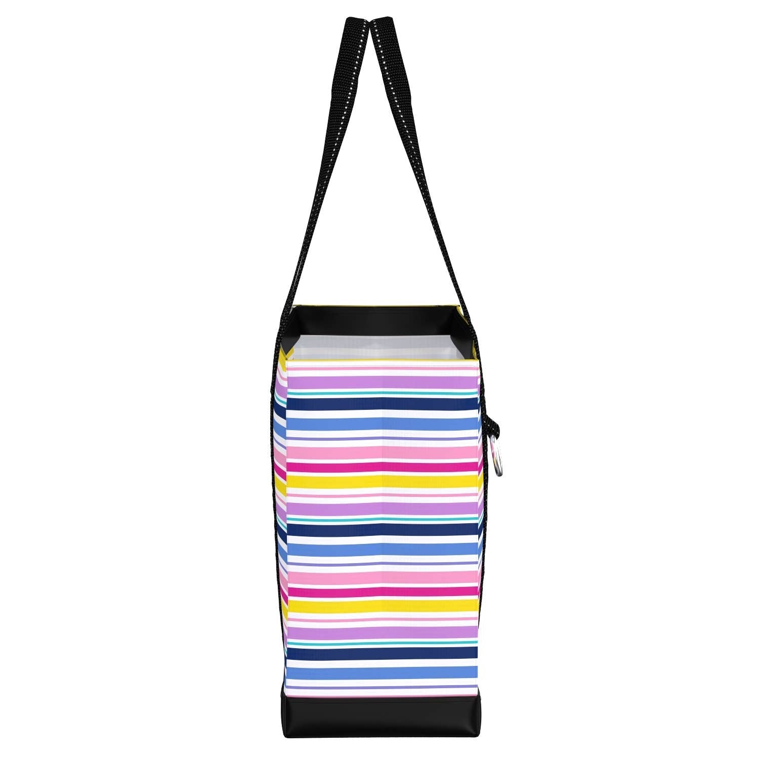 Mellow Monkey Original Deano small tote bag with a colorful horizontal stripe pattern and black sturdy handles.