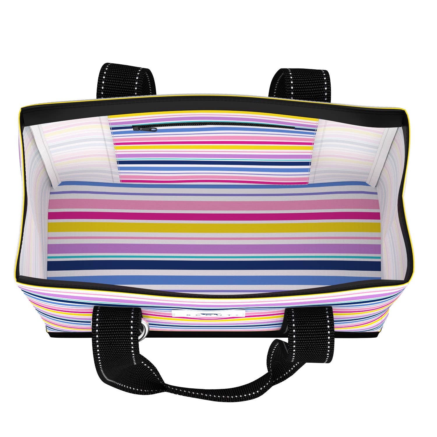Mellow Monkey Original Deano small tote bag with a colorful horizontal stripe pattern and black heavy-duty straps.