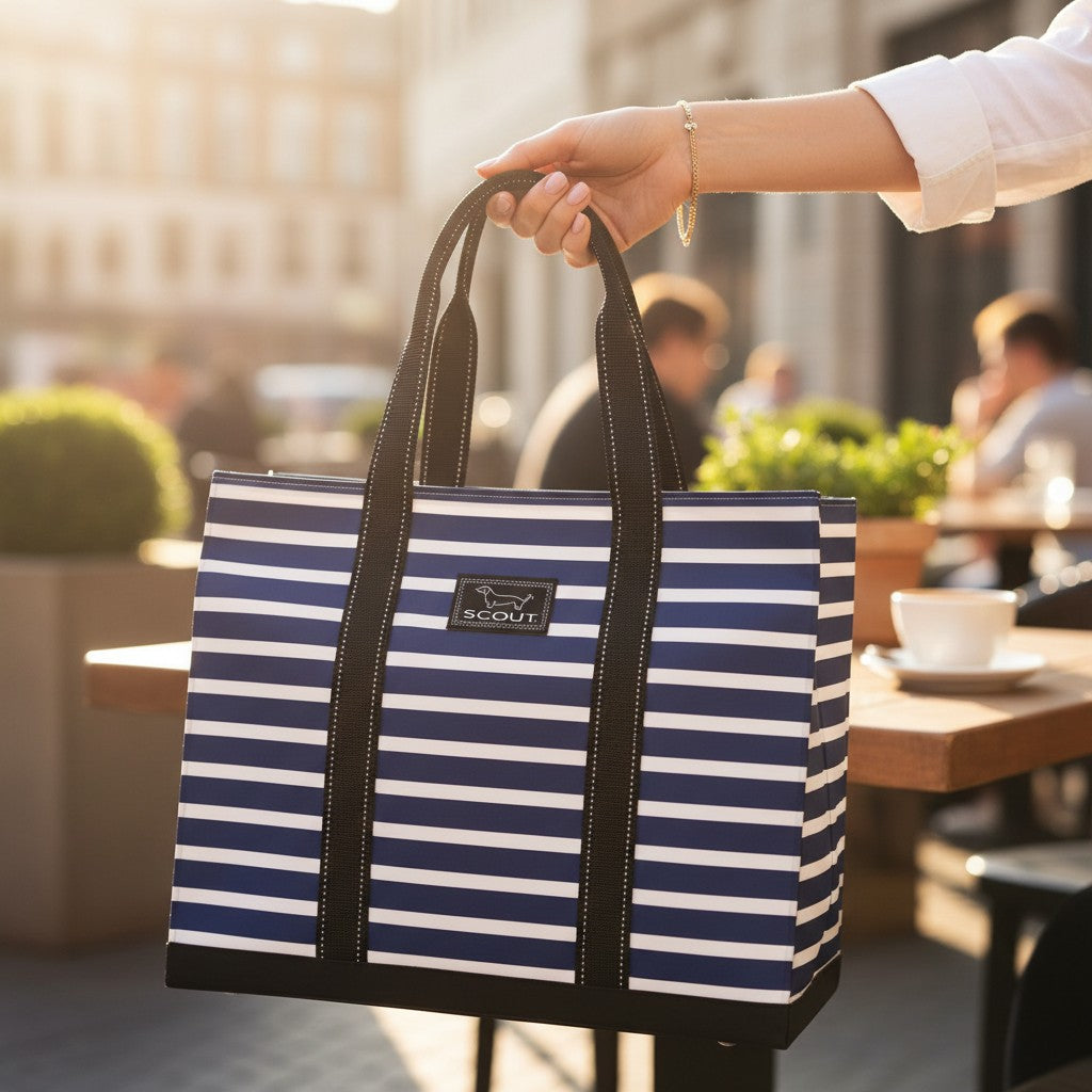 Mellow Monkey Original Deano large tote bag in navy and white stripes held by a hand at an outdoor cafe