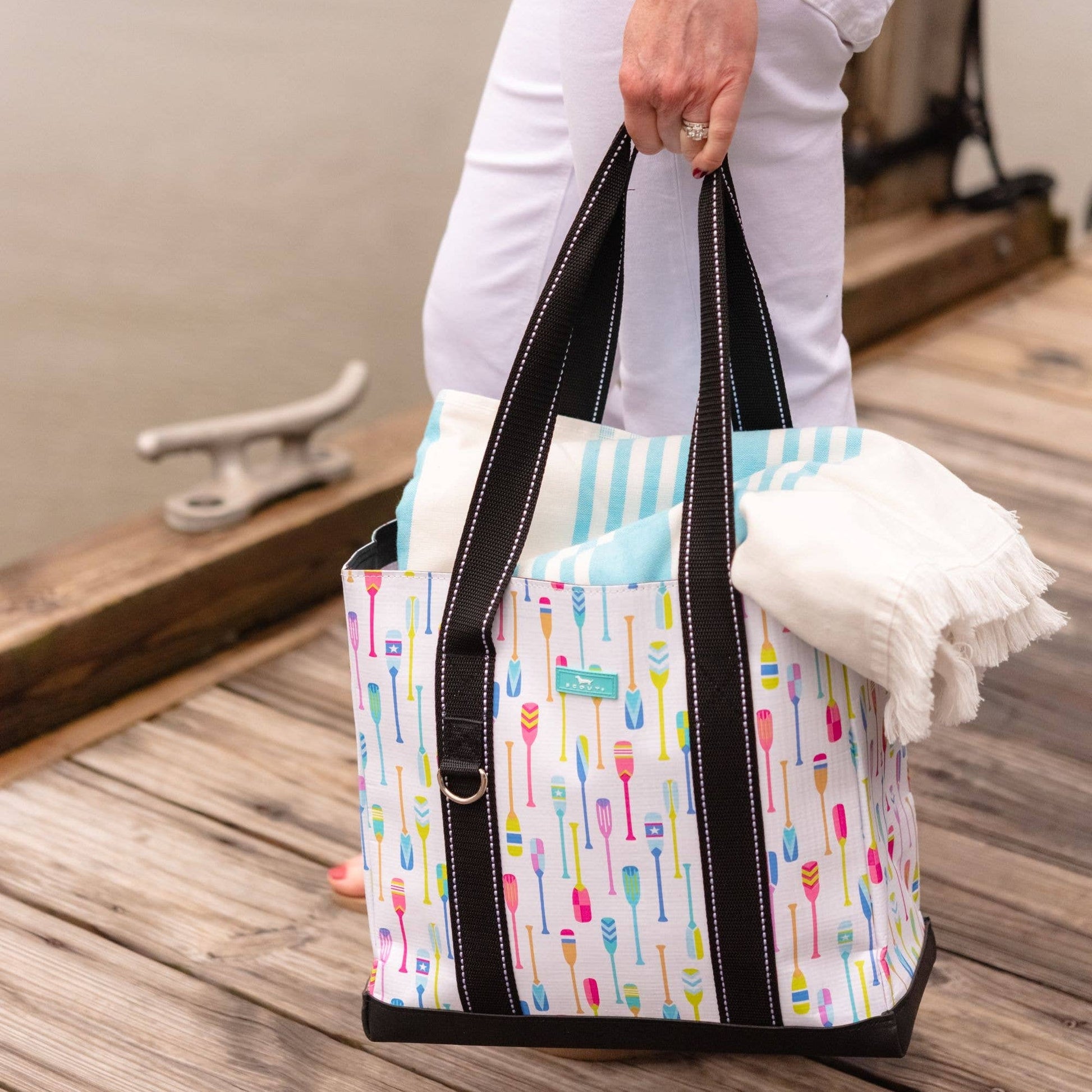 Mellow Monkey Original Deano Tote Small featuring a colorful oar print, black straps, and a structured base.