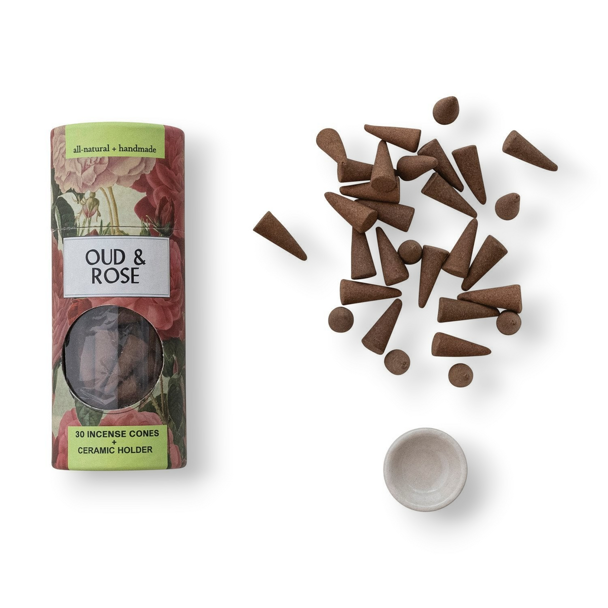 Mellow Monkey oud and rose scented incense cones with a small round ceramic holder in floral packaging